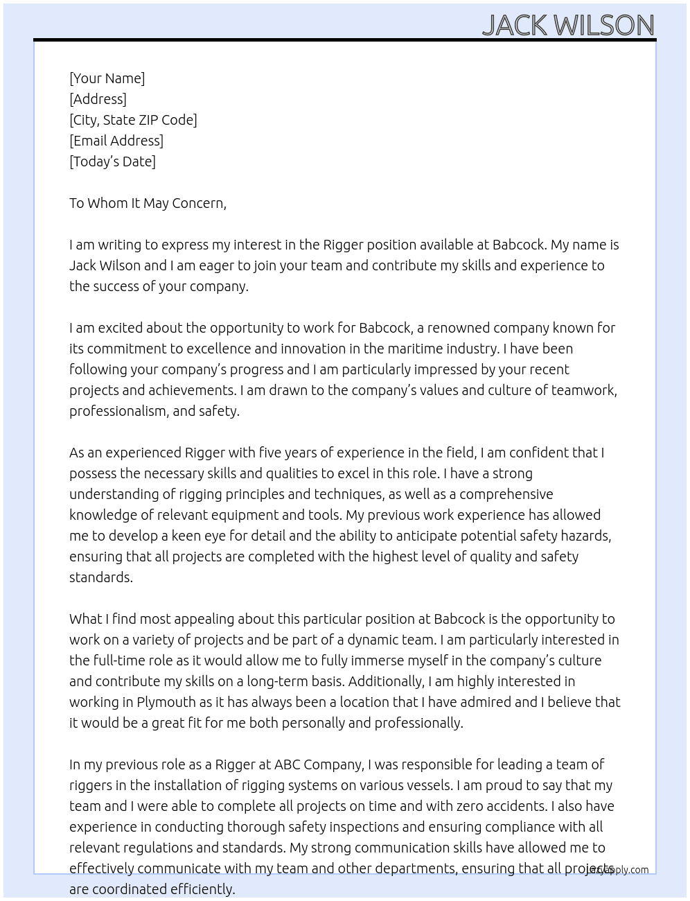Rigger At Babcock Cover Letter