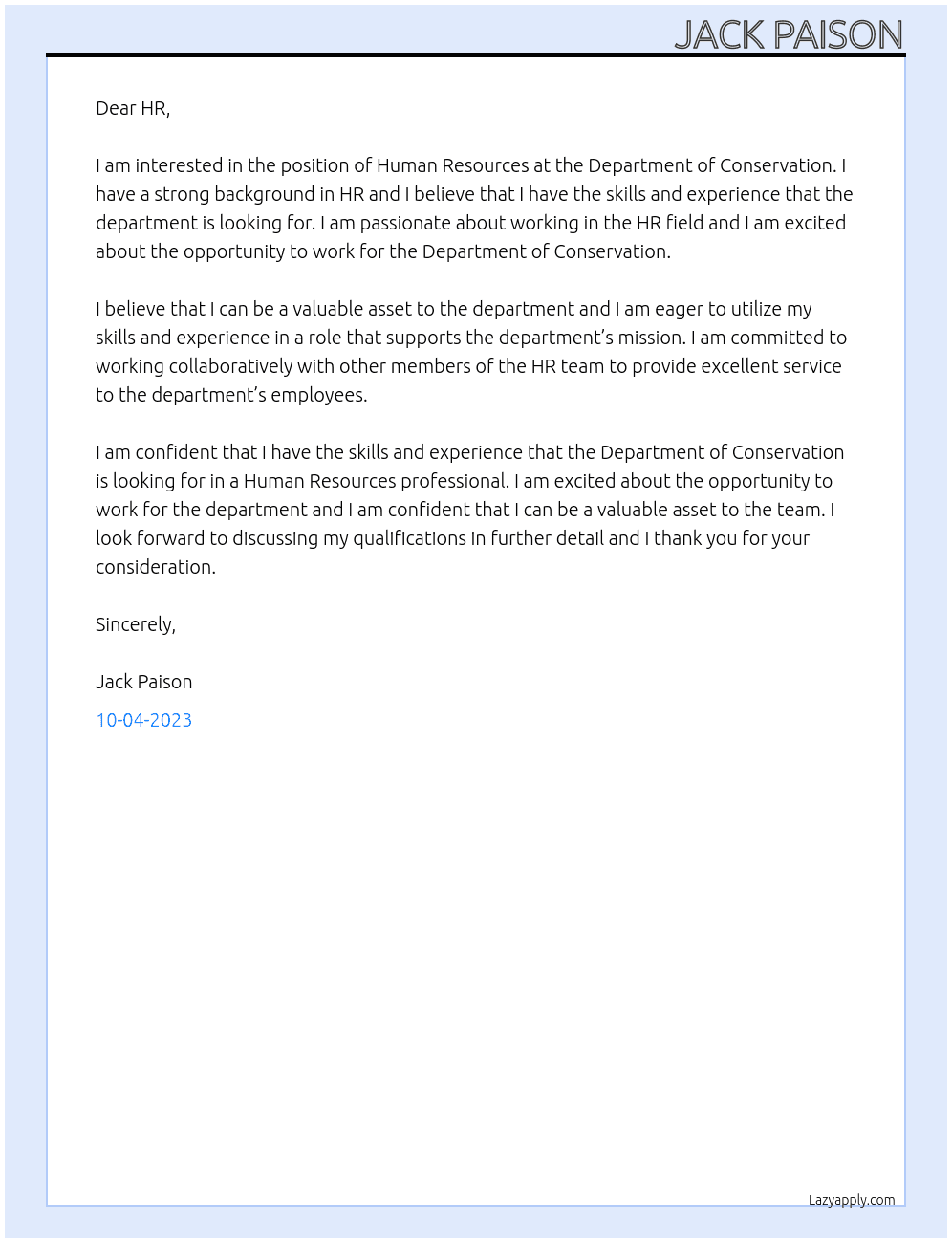 Human Resources  At Department of Conservation Cover Letter