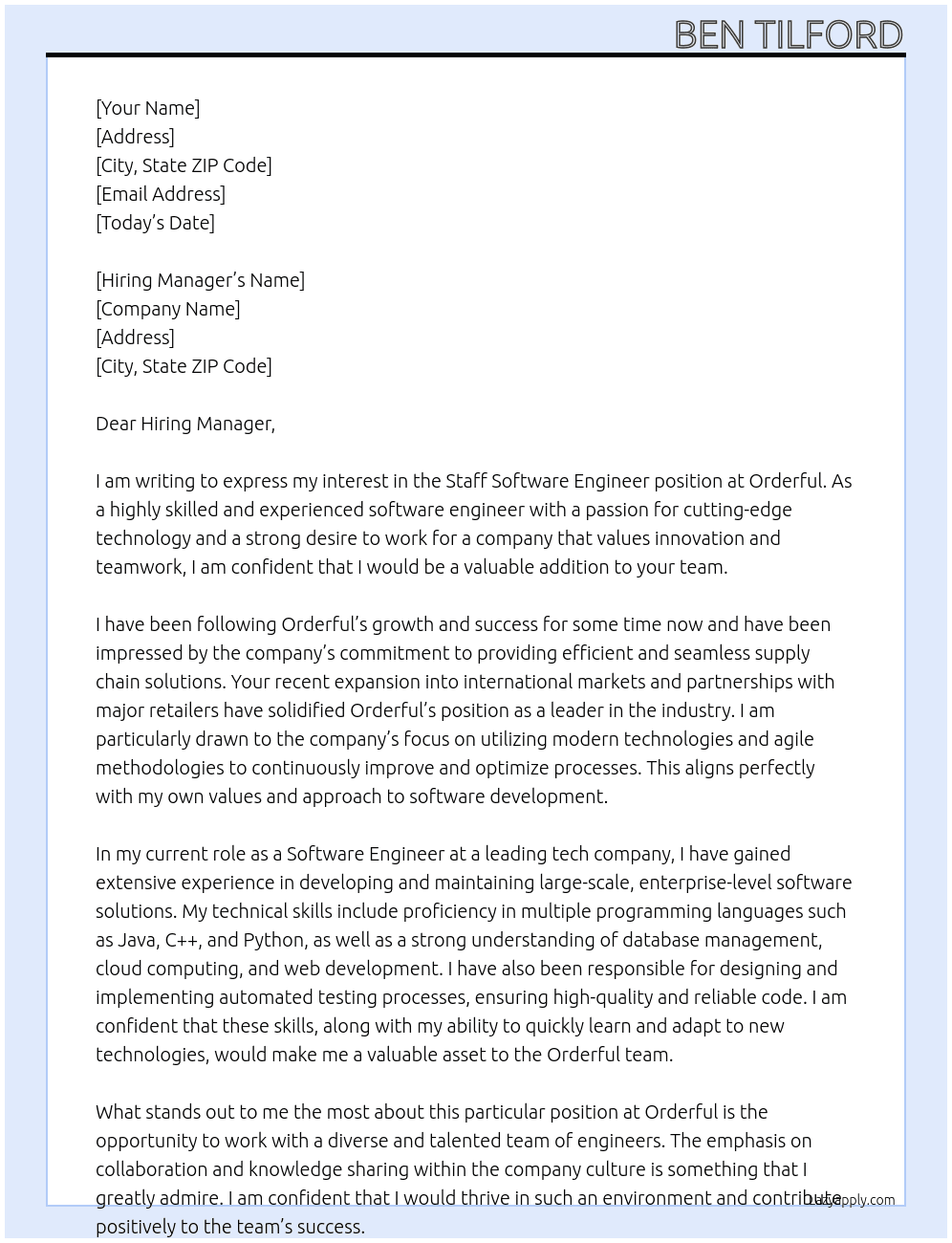 Staff Software Engineer At Orderful Cover Letter