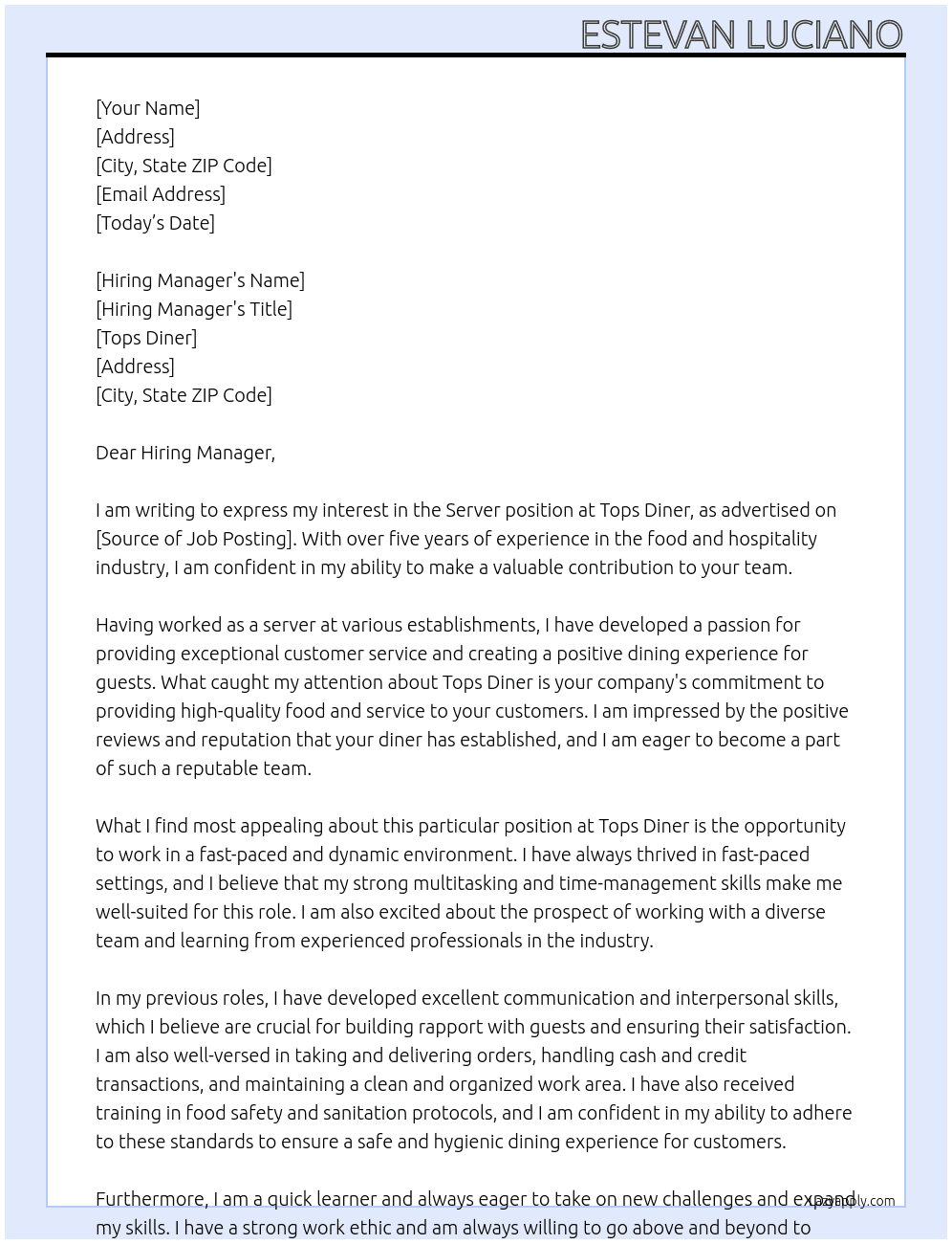 Server At Tops Diner Cover Letter