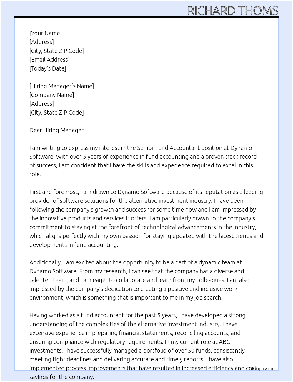 Senior Fund Accountant At Dynamo Software Cover Letter