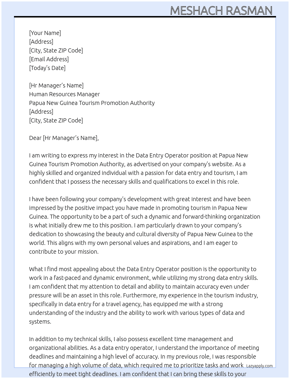 Data Entry Operator  At Papua New Guinea Tourism Promotion Authority  Cover Letter