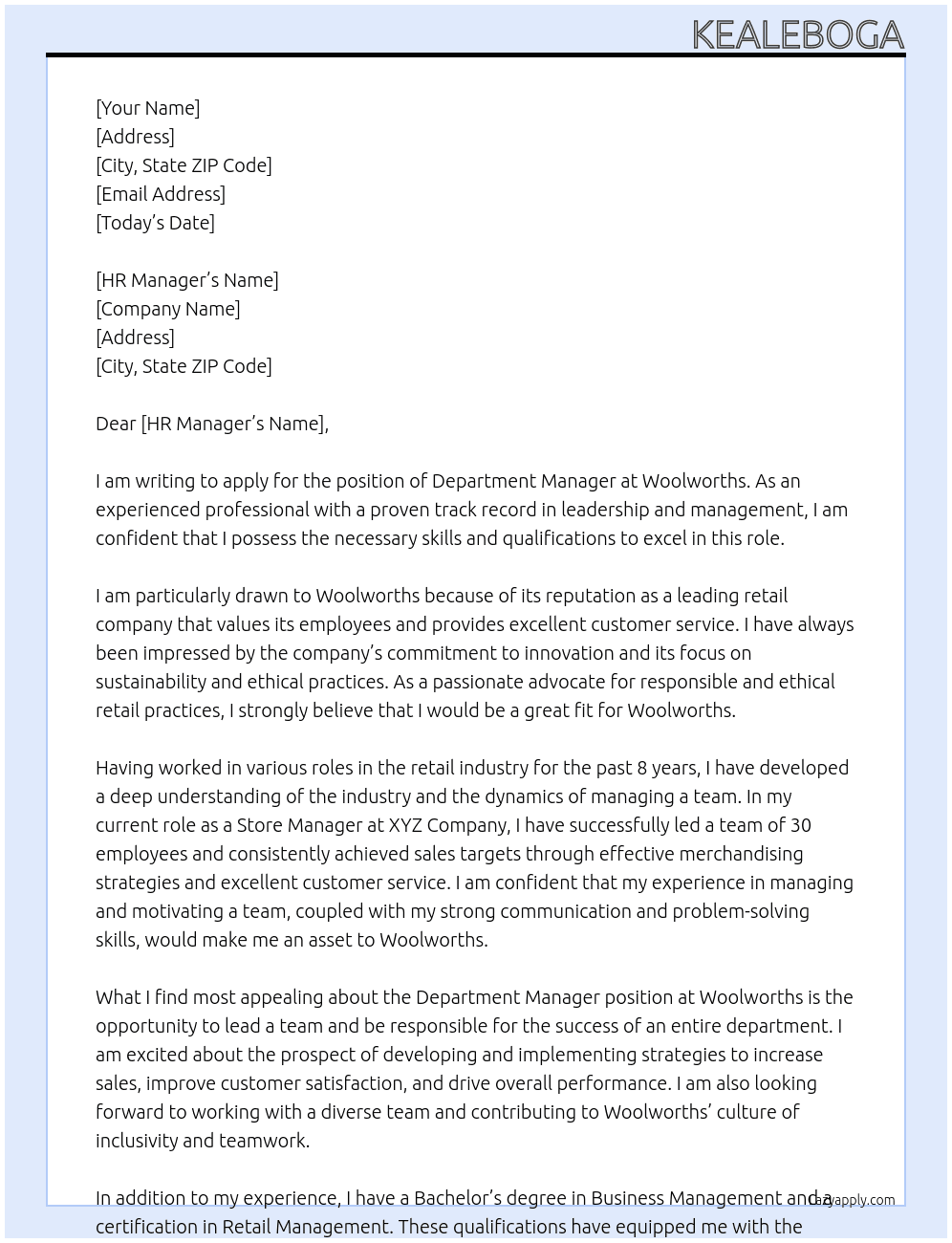 department manager At woolworths Cover Letter