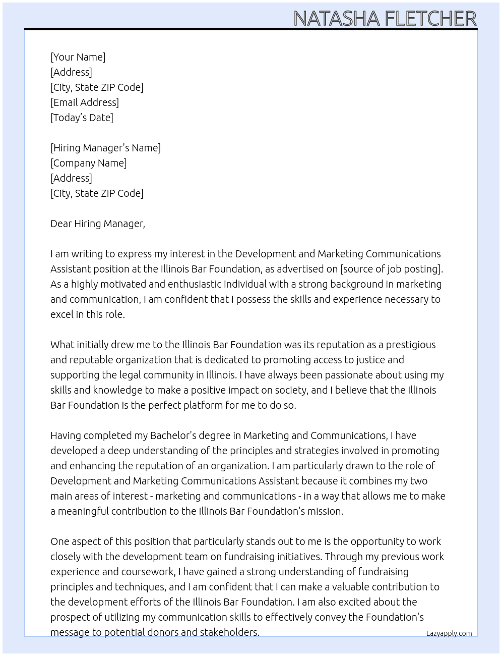 Development and Marketing Communications Assistant At Illinois Bar Foundation Cover Letter