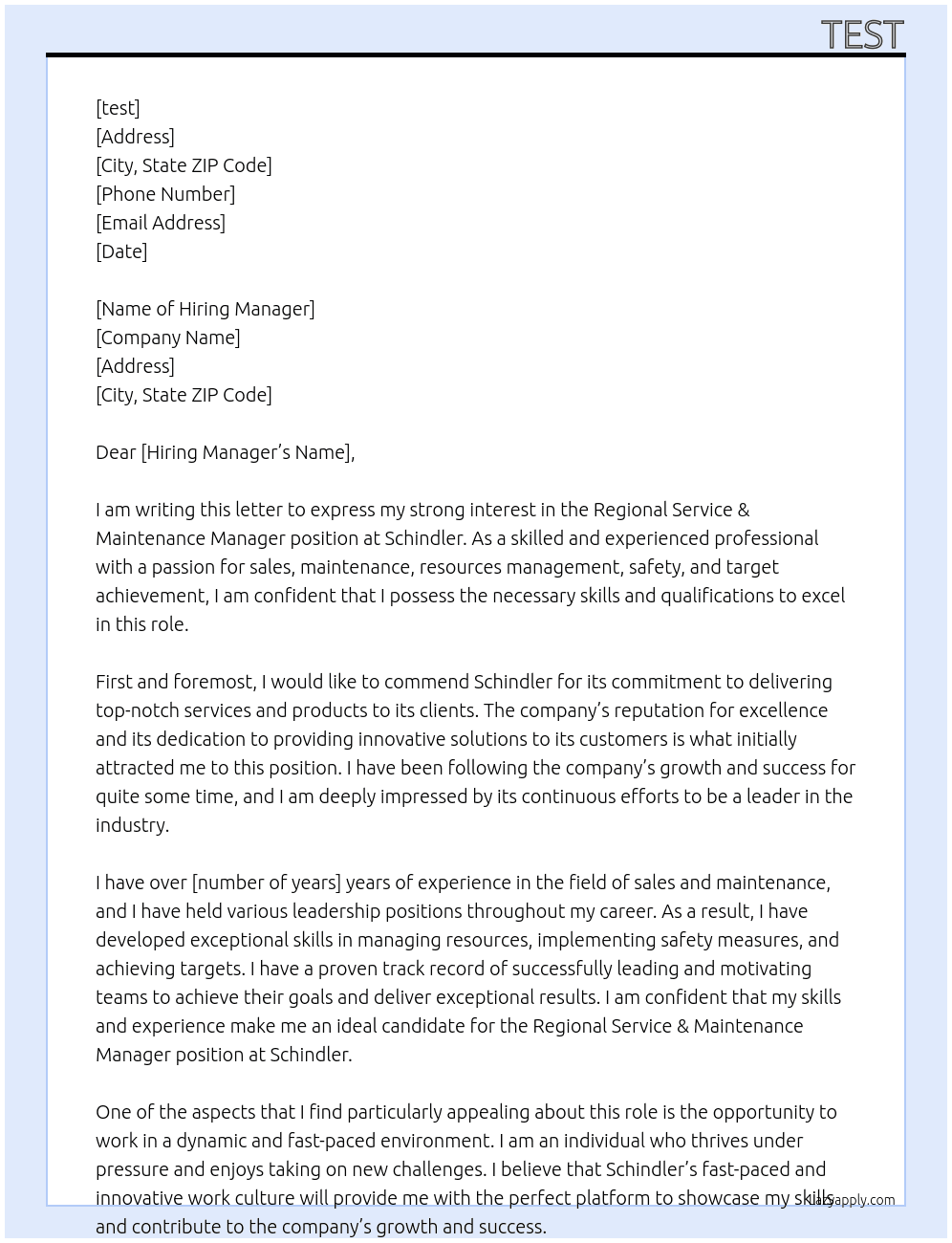 Regional Service & Maintenance Manager  At schindler Cover Letter