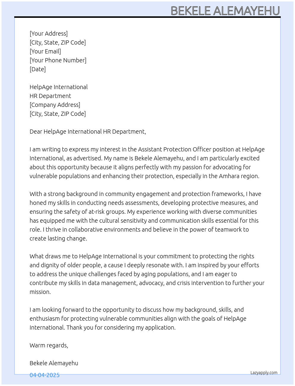 Assistant protection officer  At HelpAge international  Cover Letter