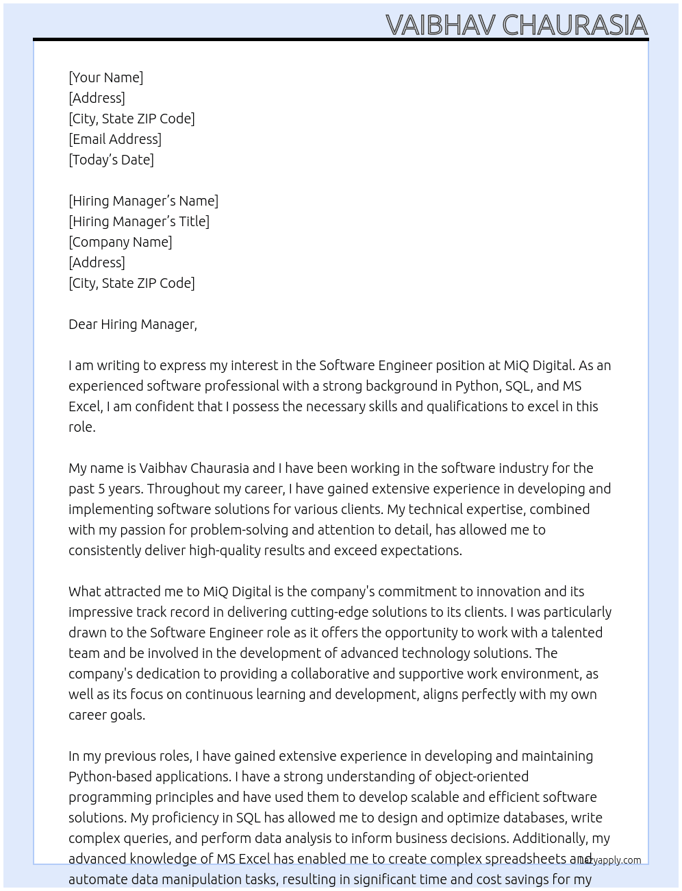 Software Engineer At MiQ Digital Cover Letter