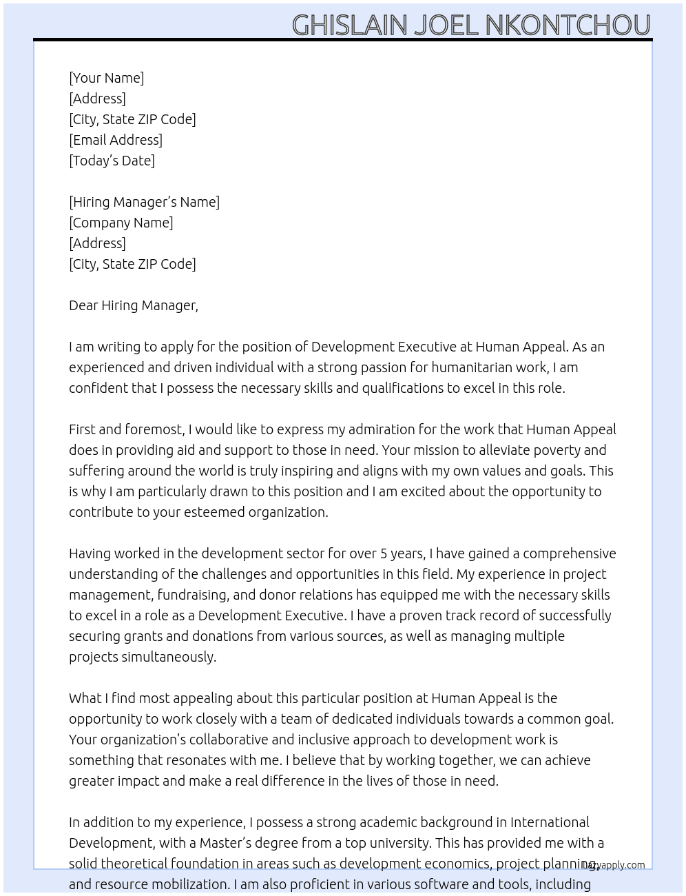 Developument Executive At Human Appeal  Cover Letter