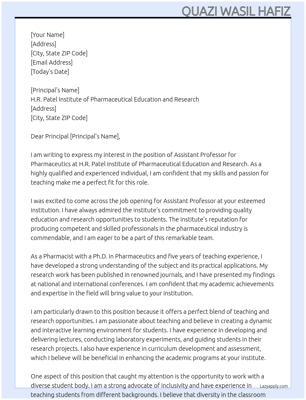 Assistant Professor for Pharmaceutics At H.R. Patel institute of Pharmaceutical Education and Research Cover Letter