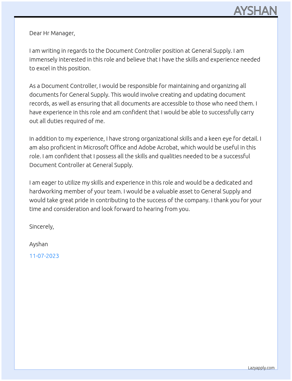 Document Controller At General Supply Cover Letter