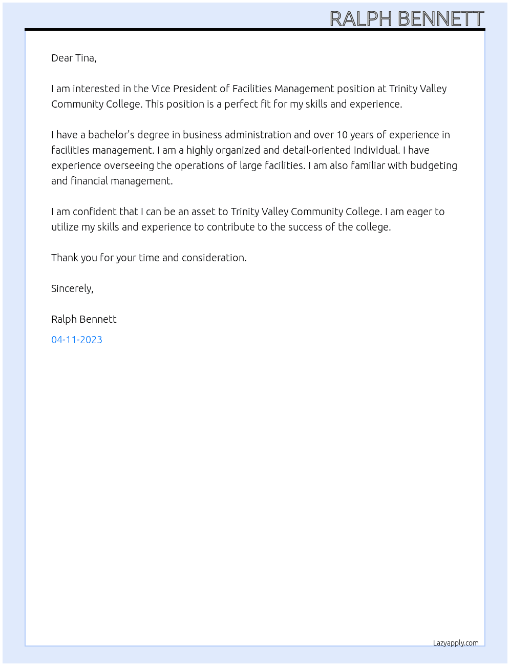 Vice President of  facilities management At Trinity Valley Community College Cover Letter