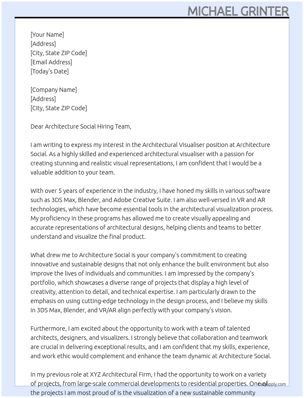 Architectural Visualiser At Architecture Social Cover Letter