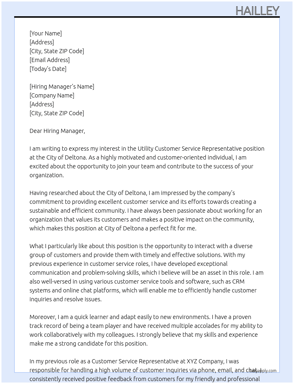 Utility Customer Service Representative At City of Deltona Cover Letter