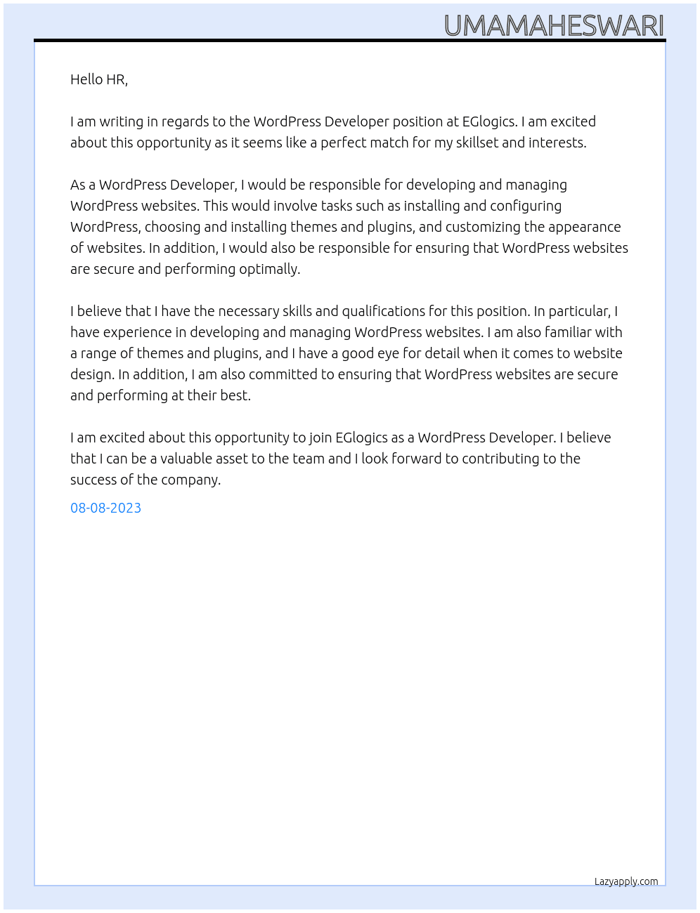 wordpress developer At EGlogics  Cover Letter