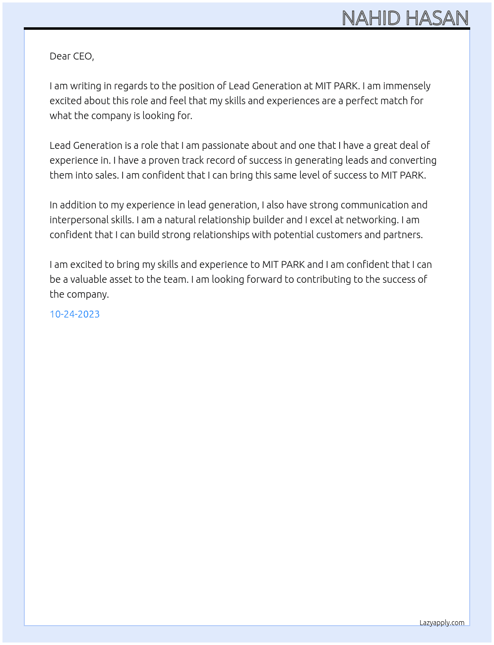 Lead generation  At MIT PARK Cover Letter