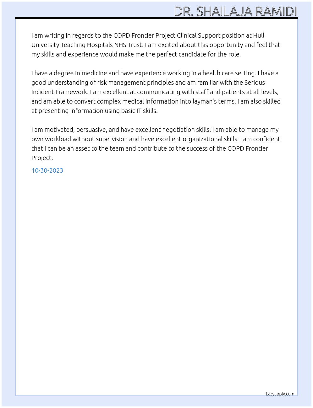 COPD Frontier Project Clinical Support At Hull University Teaching Hospitals NHS Trust Cover Letter