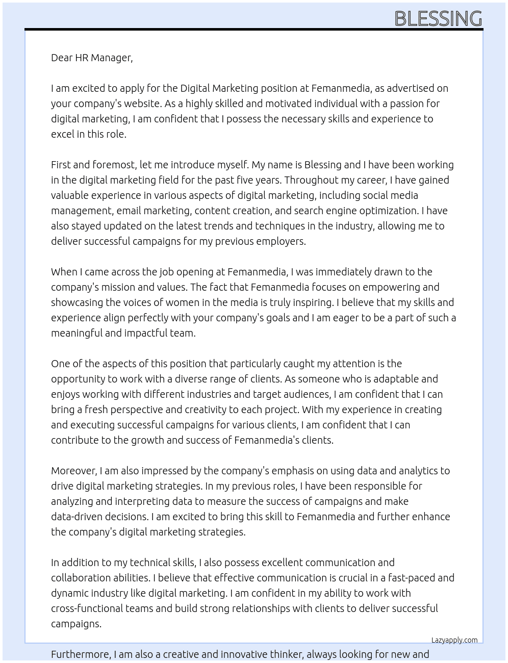 Digital marketing At Femanmedia Cover Letter