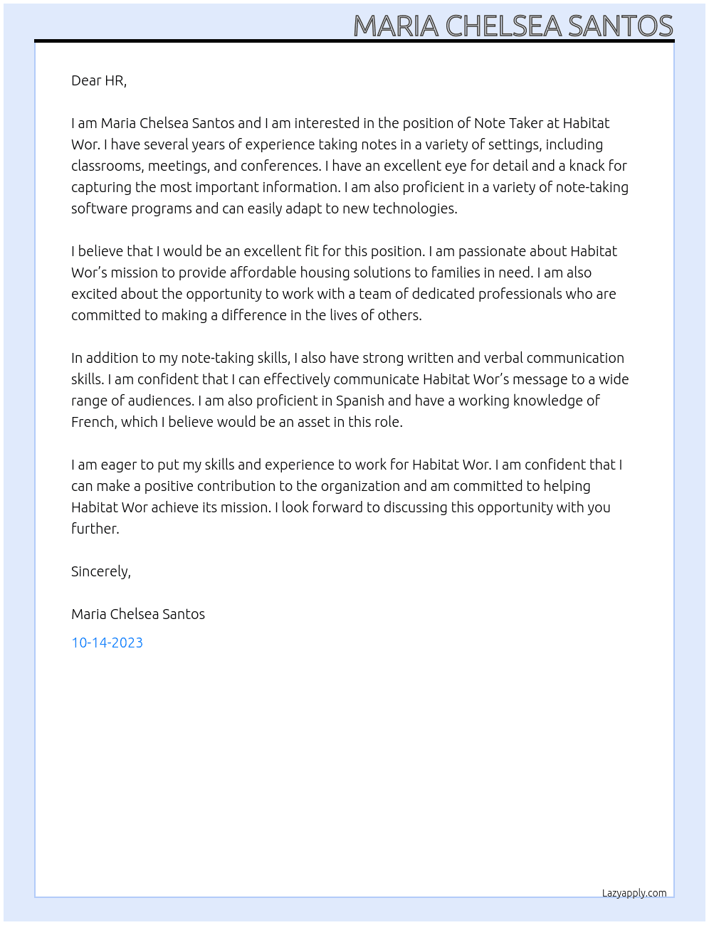 Note taker At Habitat Wor Cover Letter