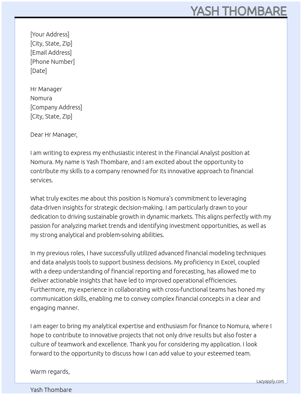 financial analyst At Nomura Cover Letter