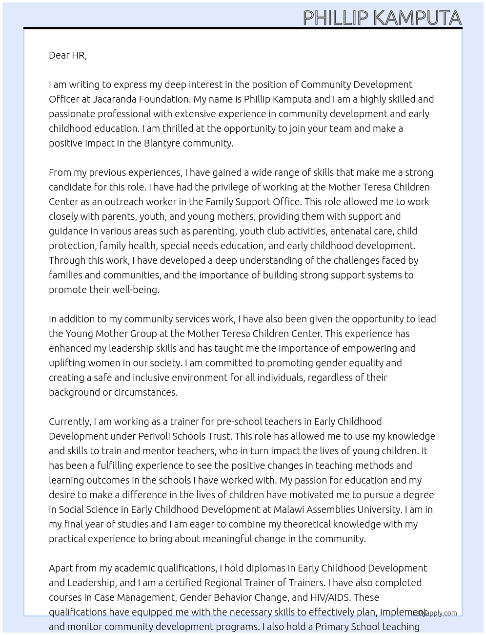 Community development Officer At Jacaranda Foundation Cover Letter