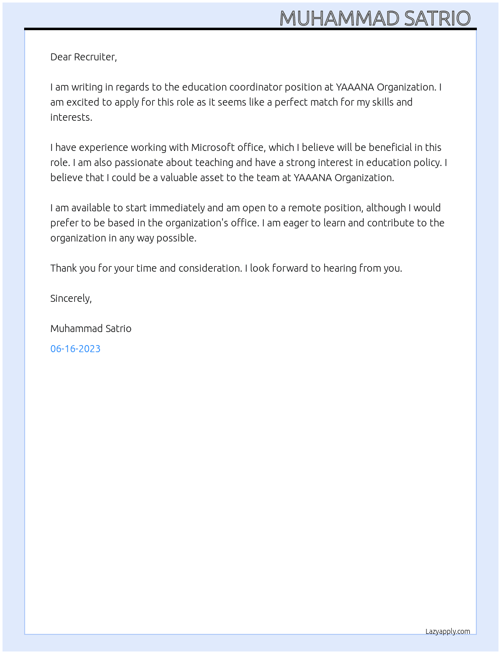 Education coordinator  At YAAANA Organization  Cover Letter