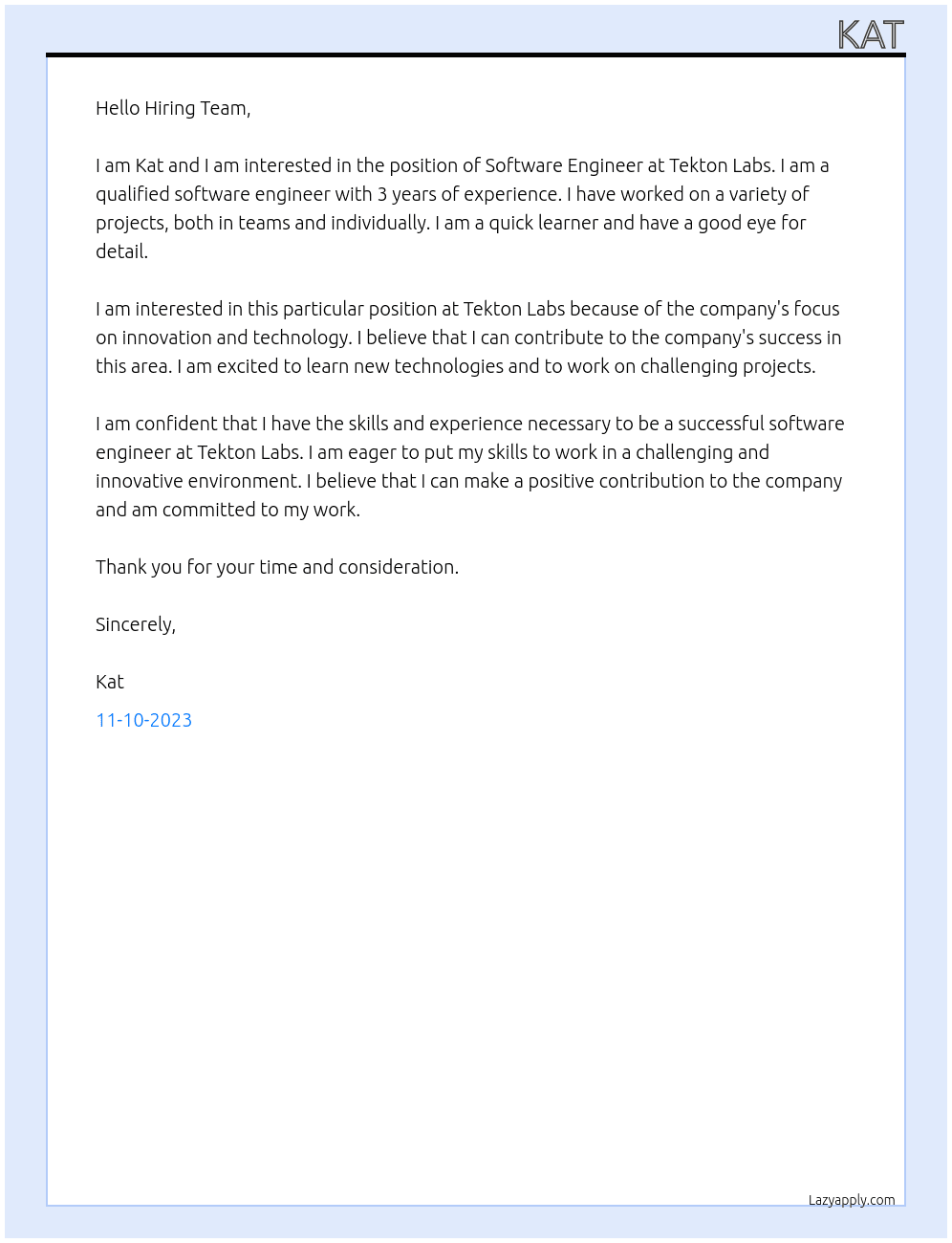 Software Engineer At Tekton Labs Cover Letter