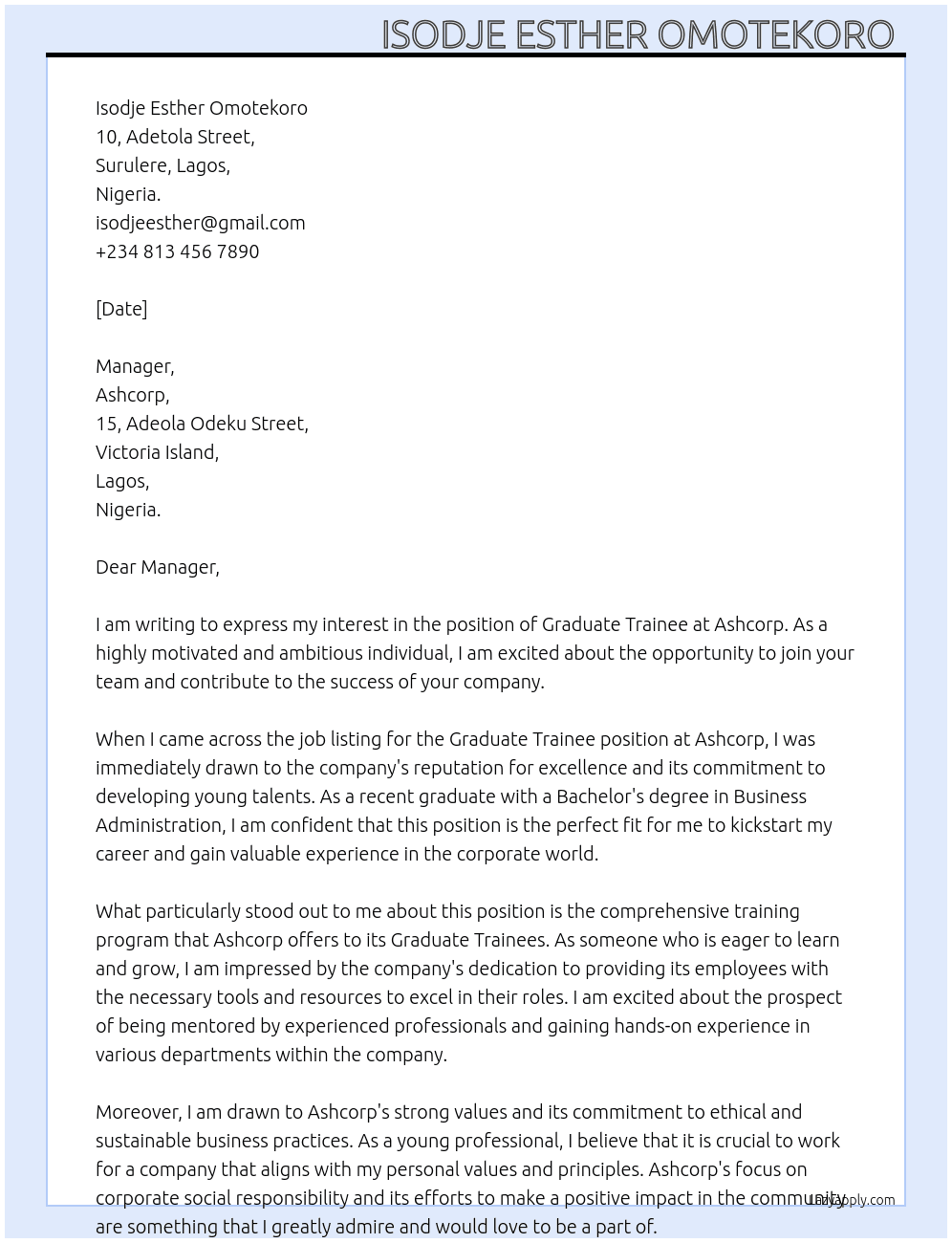 Graduate Trainee  At Ashcorp Cover Letter