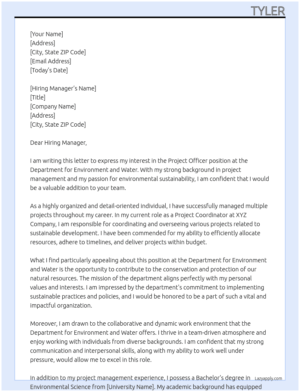 Project Officer At Department for Environment and Water Cover Letter