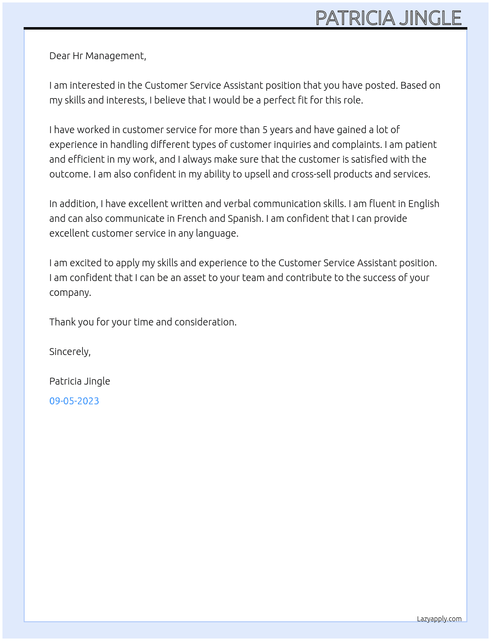 Customer Service Assistant  At Customer service assistant  Cover Letter