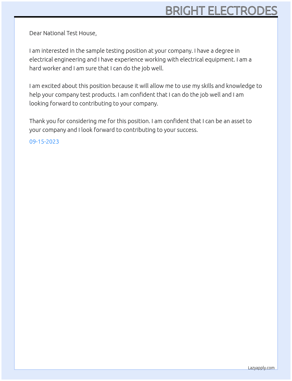 for sample testing At national test house Cover Letter