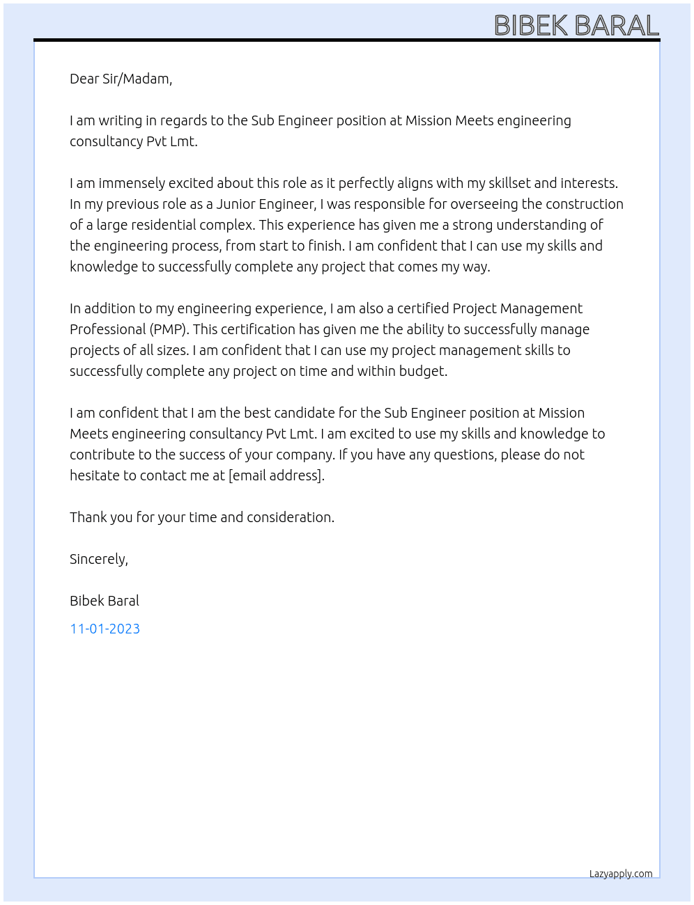Sub Engineer  At Mission Meets engineering consultancy Pvt Lmt Cover Letter