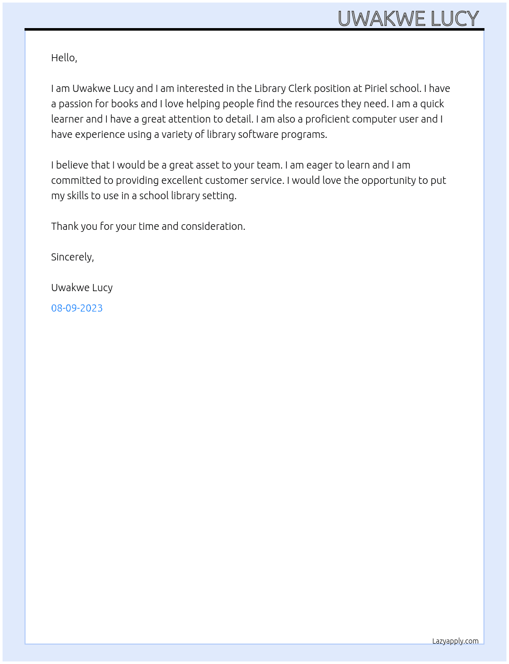Library clerk  At Piriel school  Cover Letter