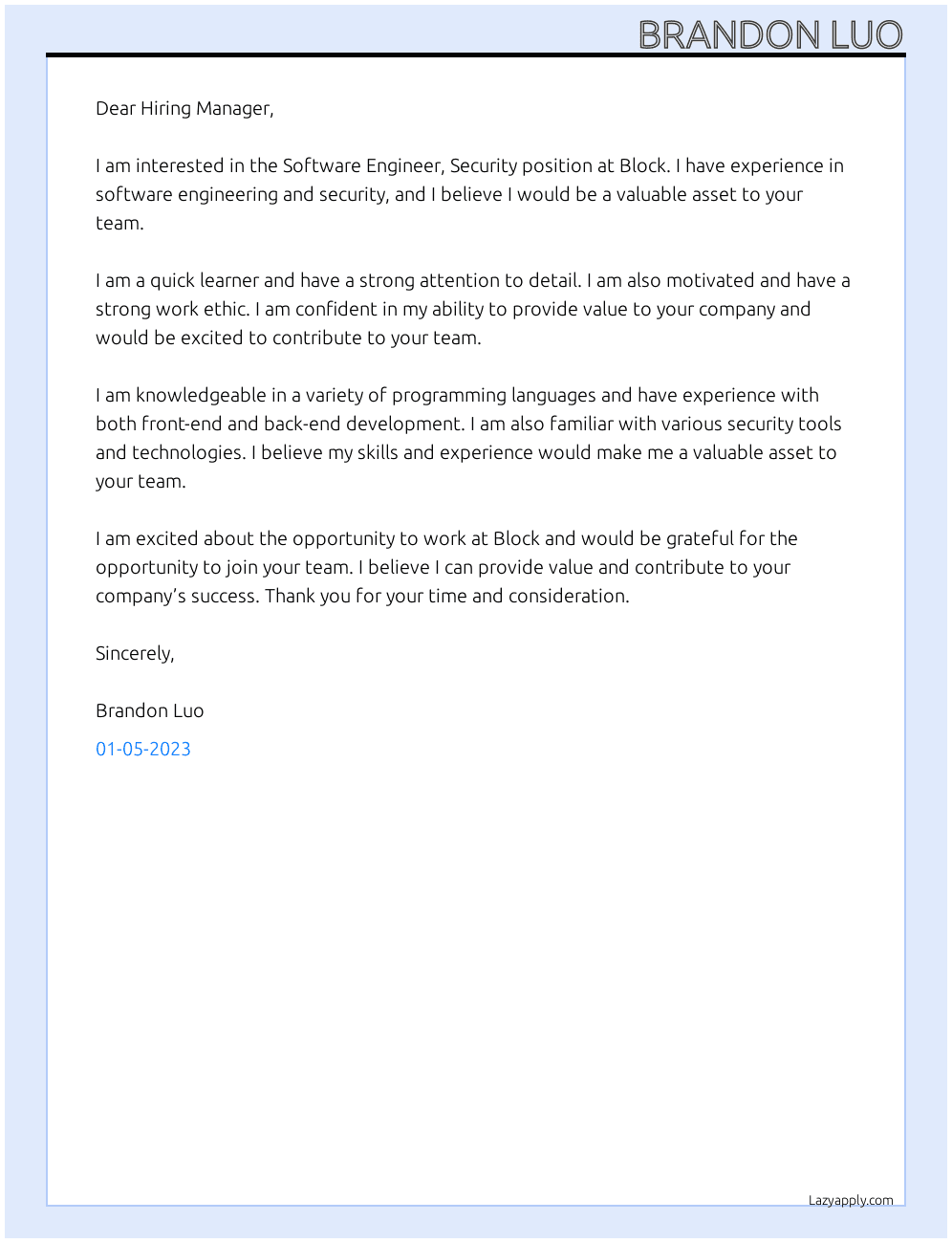  Software Engineer, Security At Block Cover Letter