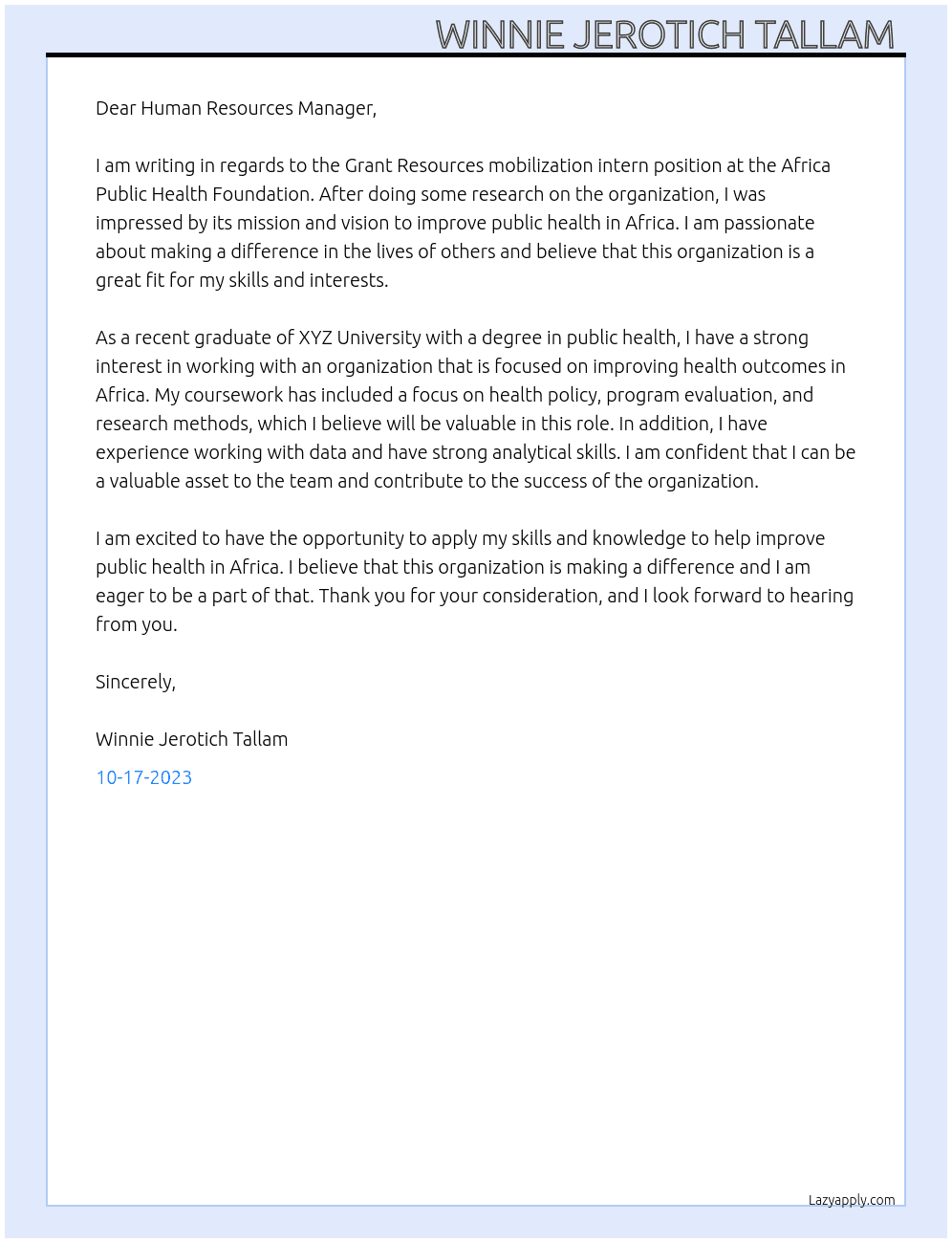 Grant Resources mobilization intern At Africa Public Health Foundation  Cover Letter