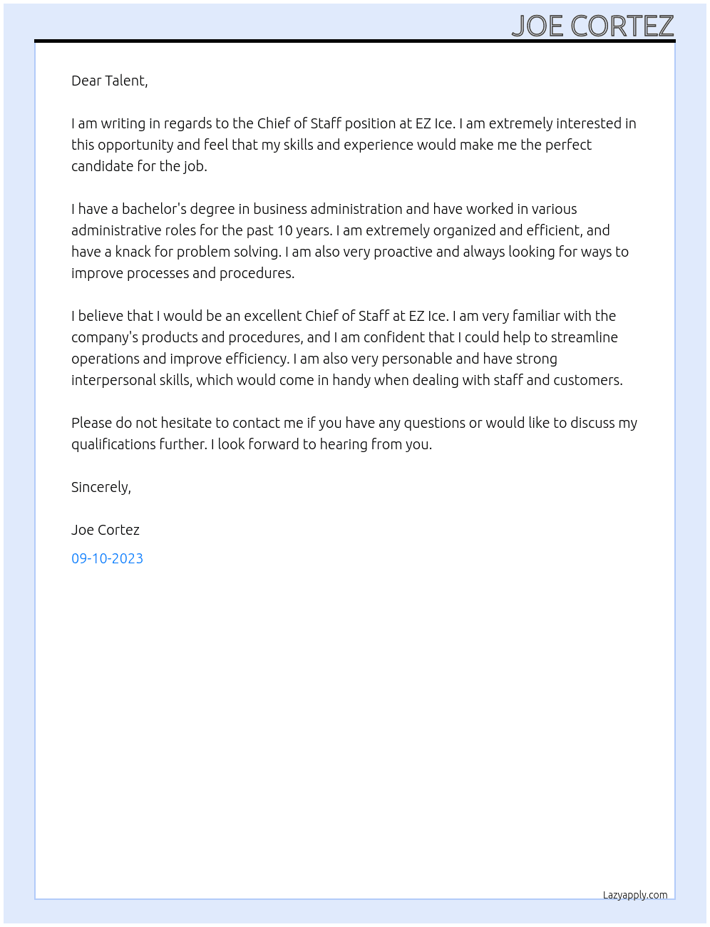Chief of staff At EZ Ice Cover Letter