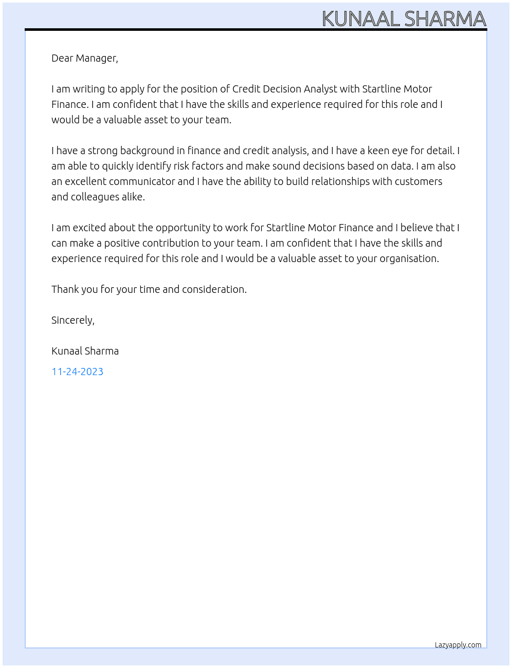 Credit Decision Analyst At Startline Motor Finance Cover Letter