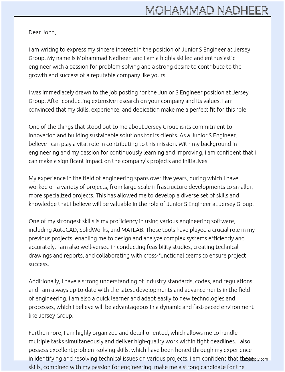 Junior S Engineer  At Jersey Group  Cover Letter