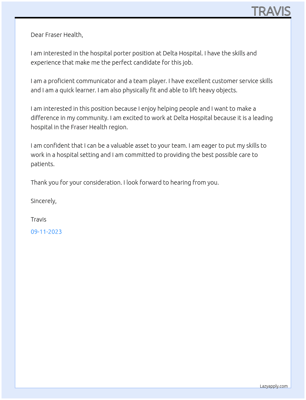 Hosiptal porter At Fraser Health Cover Letter