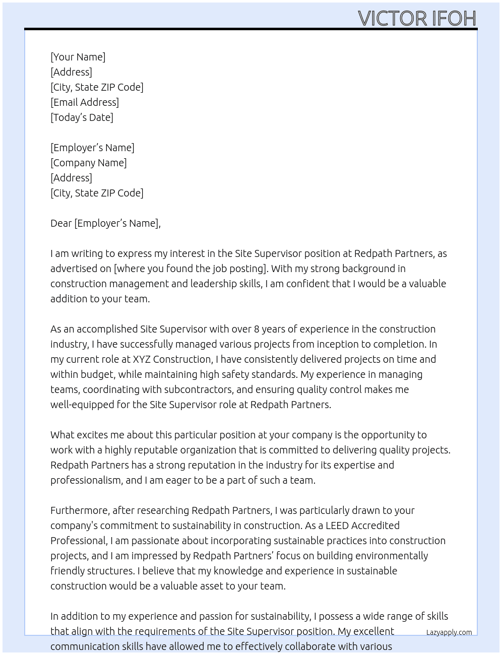 Site supervisor  At Redpath Partners  Cover Letter
