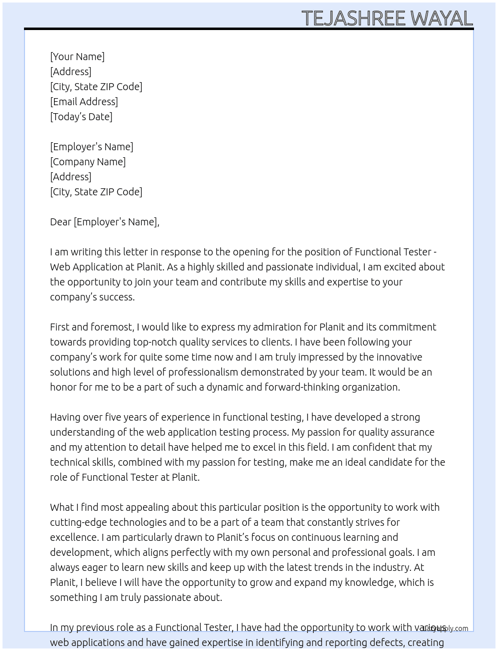 Functional Tester - Web Application At Planit Cover Letter