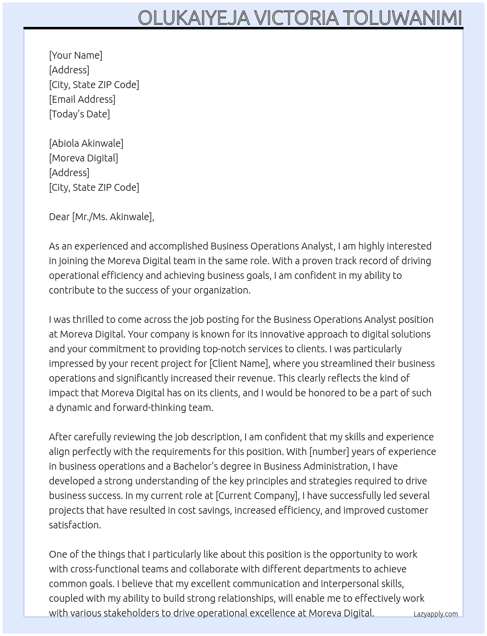 Business Operations Analyst At Moreva Digital Cover Letter