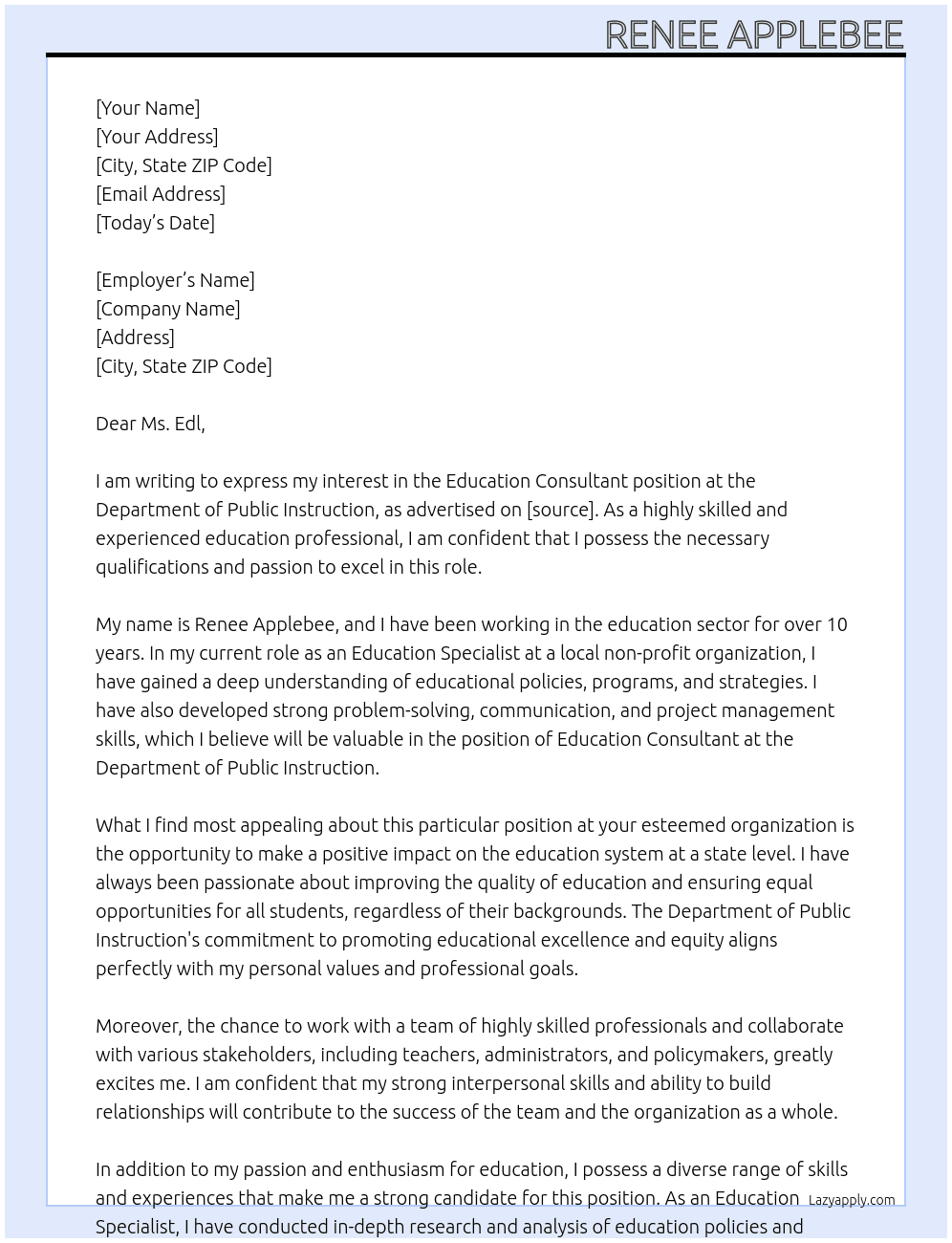Education Consultant At Department Of Public Instruction Cover Letter