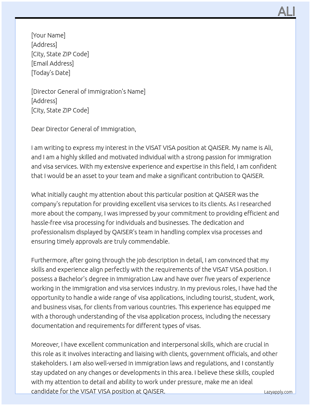 VISAT VISA At QAISER Cover Letter