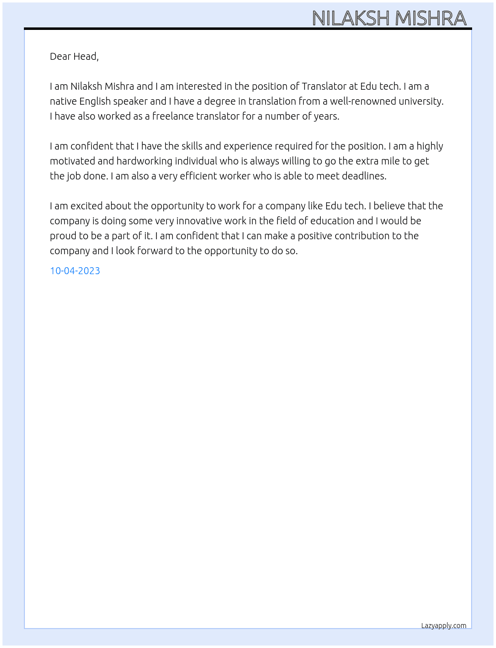 Translator  At Edu tech  Cover Letter