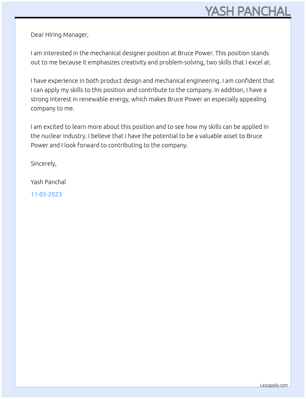 mechanical designer  At Bruce power Cover Letter