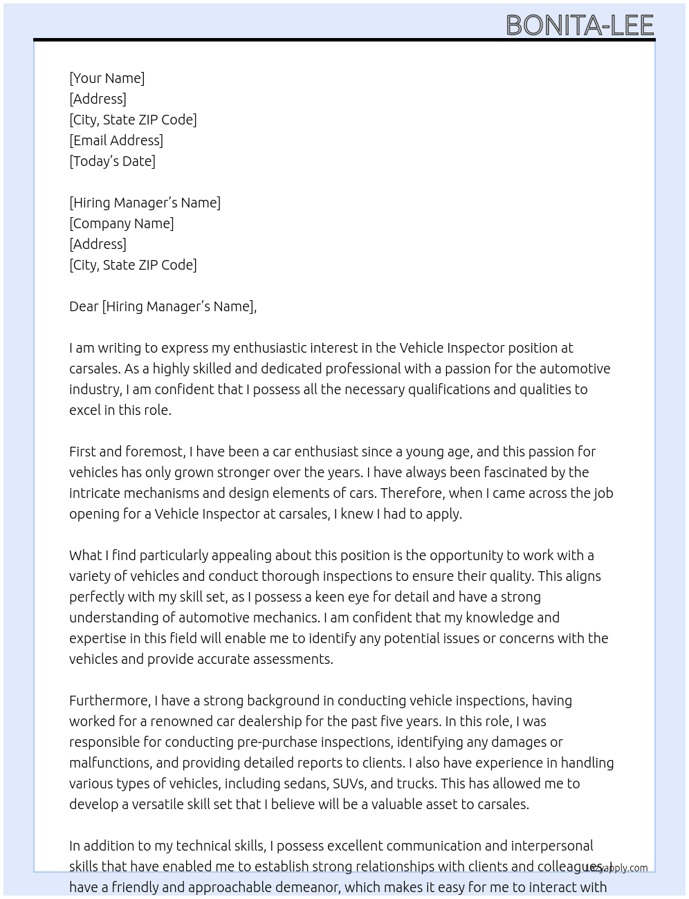 Vehicle Inspector At carsales Cover Letter