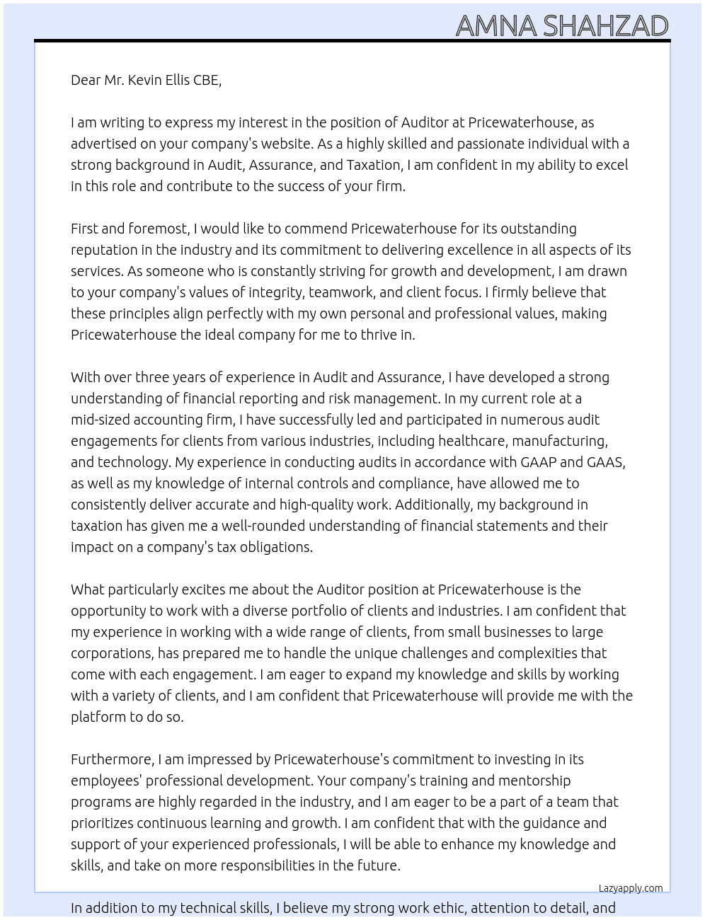 Auditor  At Pricewaterhouse  Cover Letter