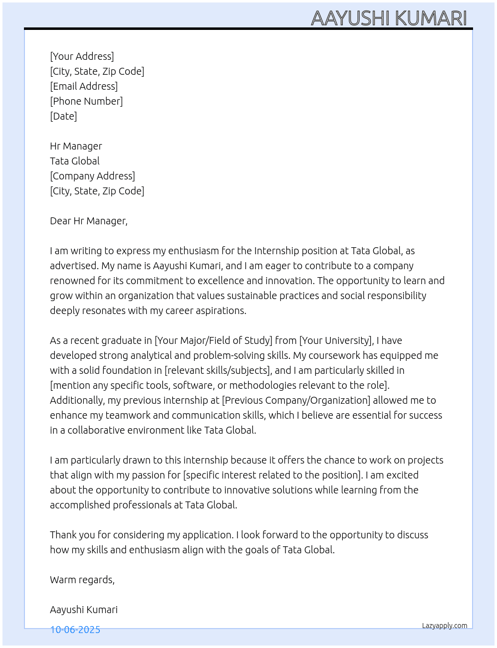 Cover letter for intership - LazyApply