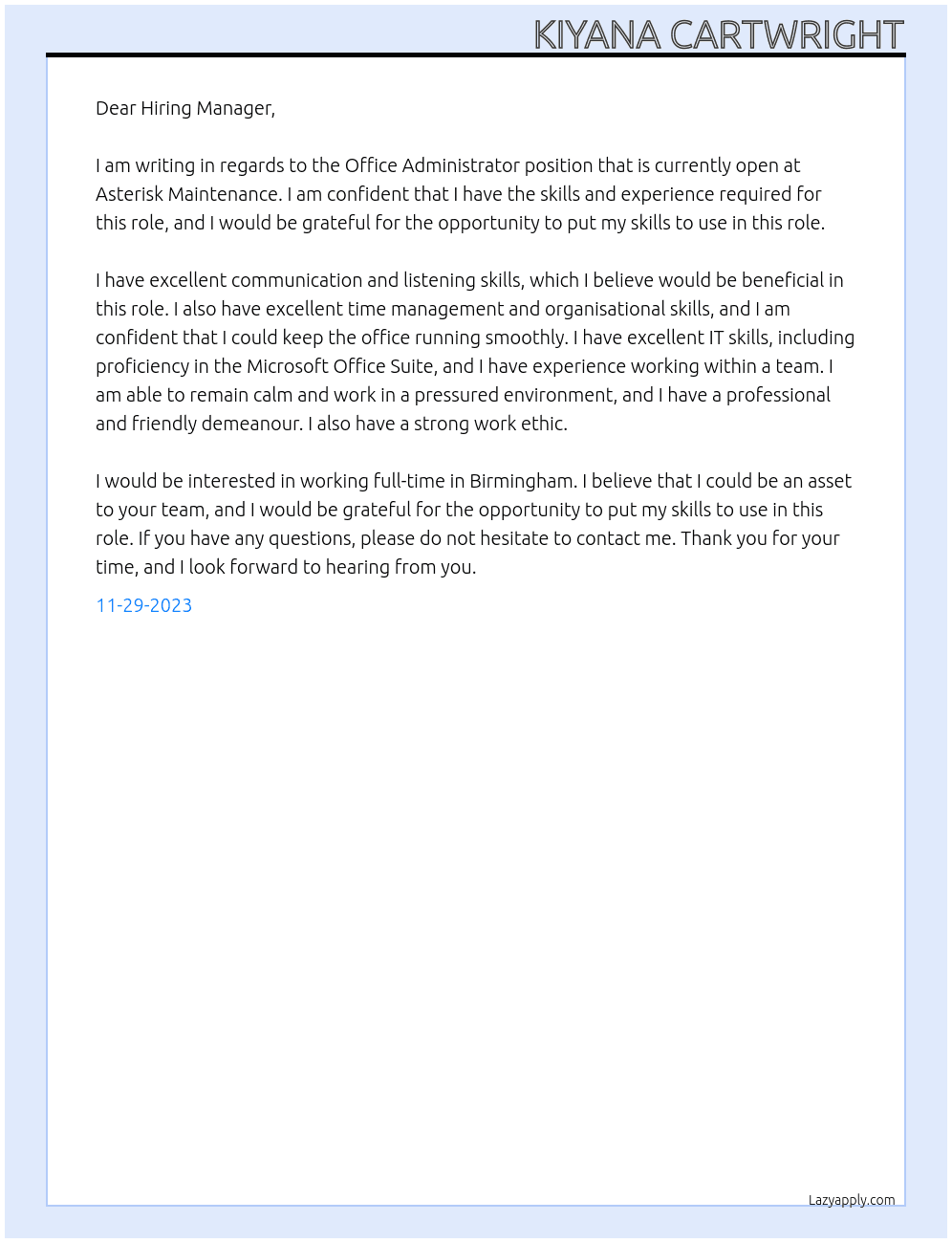 Office administrator  At Asterisk maintenance   Cover Letter