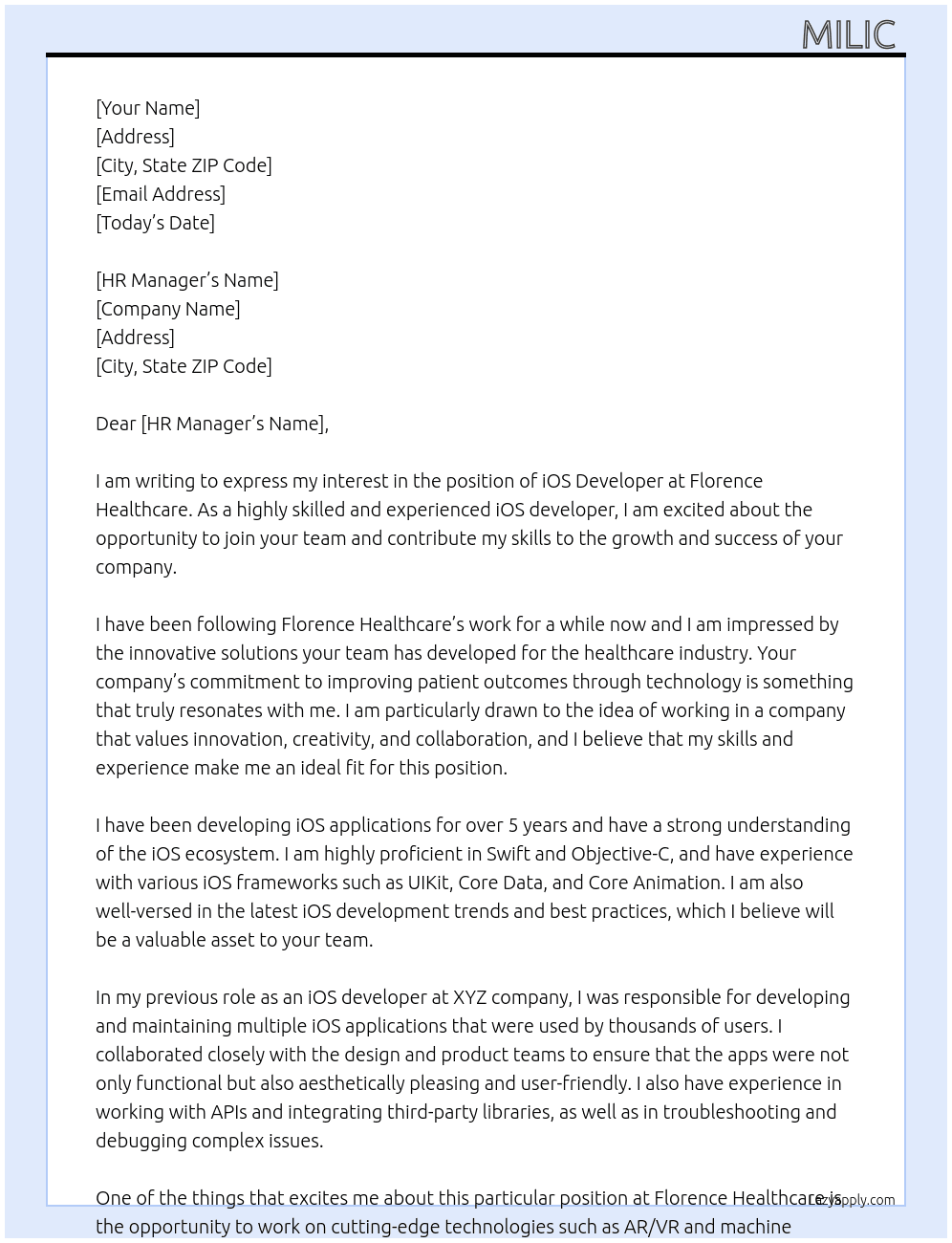 ios developer At Florence Healthcare Cover Letter